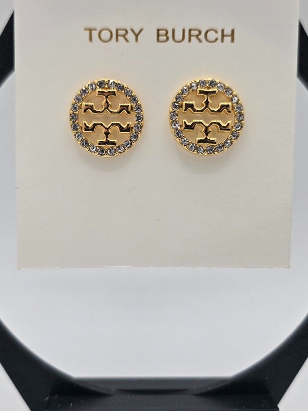 Tory Burch Icon Pavé Circle Stud DoubleT Logo Earrings - New with Card